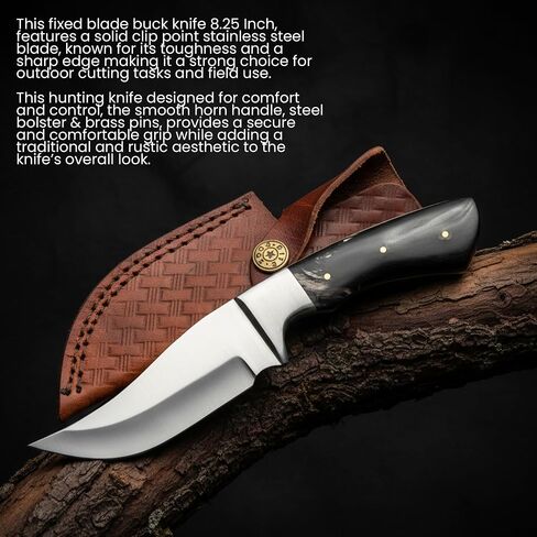 SZCO Full Tang Wild Buffalo Hunting Knife 8.25 Inch - Camping Knife with Horn Handle, Stainless Steel Blade & Sheath - Pocket Knife for Hunting, Camping & Outdoor uses - Knives for Men in Kuwait