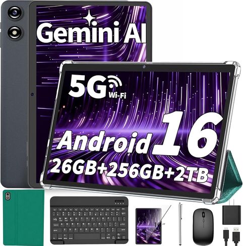 Android Tablet with Keyboard - Android 16 tablet with 26GB+256GB+2TB Expand, 10 inch Tablet with 8-Core, Gemini AI, 5G WiFi, 8000mAh, GPS, GMS, Electronic Tablet PC with Case/Mouse/Stylus-Green Case in Kuwait