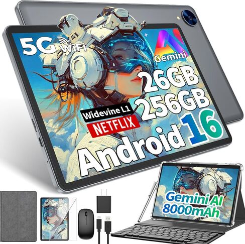 Android 16 tablet 10 inch, Tablet with 26GB+256GB+2TB Expand, Silver Case in Kuwait