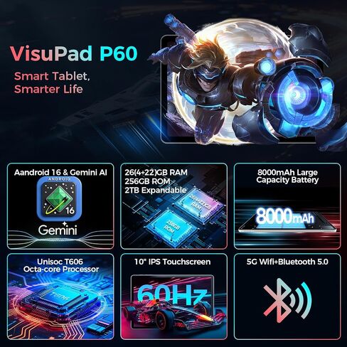 Android 16 tablet 10 inch, Tablet with 26GB+256GB+2TB Expand, Silver Case in Kuwait