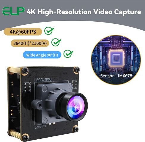 ELP High Speed 4K 60FPS USB Camera Module for Computer, Mini UVC 2160P USB3.0/2.0 Lightburn Cameras for Windows, Linux, Mac, Pi, Wide Angle 90°(H) IMX678 Webcam Board for PC Laptop Jetson Nano in Saudi Arabia