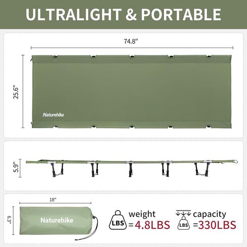 Naturehike GreenWild Camping Cot, Ultralight Folding Backpacking Cot, 60-Second Easy Set-Up, Supports 330lbs, Portable Camping Bed for Adults for Camping Hiking Travel Home in Kuwait