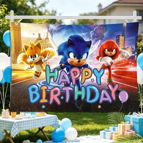 Ctue Sonic Cartoon Birthday Party Decorations,Happy Birthday Banner Backdrop for Birthday Party Supplies in Kuwait