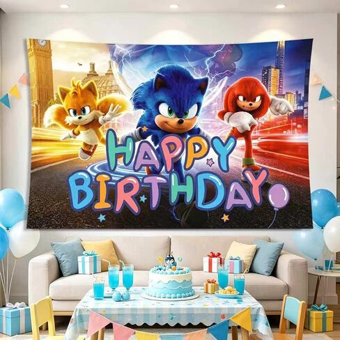 Ctue Sonic Cartoon Birthday Party Decorations,Happy Birthday Banner Backdrop for Birthday Party Supplies in Kuwait