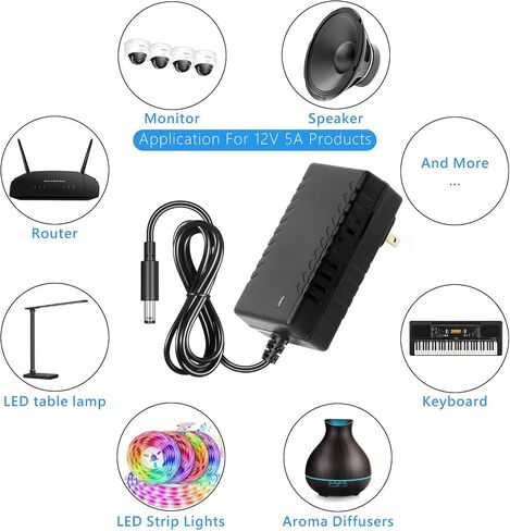 12V 5A Power Supply AC120V to DC12V Adapter, 12 Volt Transformer Converter 5 Amp 4A 3A with 5.5 x 2.5mm 2.1mm Plug for LED Strip Light CCTV Security Camera PC Monitor Router (1 Tip) in Kuwait
