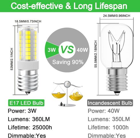 LED Microwave Light Bulbs Under Hood 40W Equivalent, E17 LED Bulb Dimmable for Range Hood, Refrigerator, 3W 360LM LED Appliance Light Bulb Over Stove, Daylight White 6000K, 2-Pack in Kuwait
