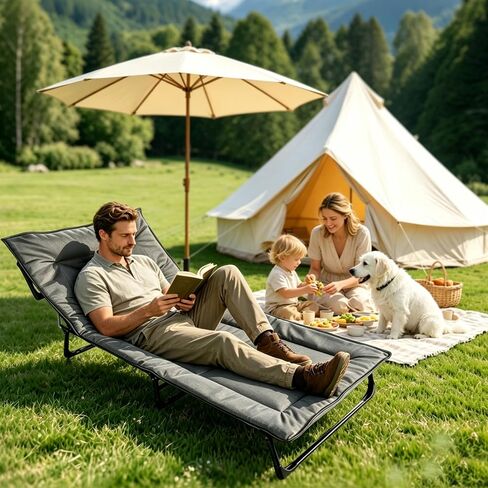 J.M.Deco Folding Camping Cot for Adults, Portable Sleeping Bed with Built-in Mattress and Pillow, No Assembly Adjustable Lightweight Tent Cot, Compact Design for Camping Travel Indoor Outdoor Patio in Kuwait