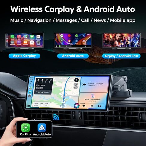 JATAZA 10.26" Wireless Apple Carplay Screen for Car, Secure Strong Bracket, Portable Apple CarPlay& Android Auto Car Stereo with GPS Navigation, Bluetooth, Mirror Link, Voice Control,Fits All Vehicles in Kuwait