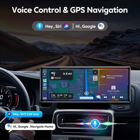 JATAZA 10.26" Wireless Apple Carplay Screen for Car, Secure Strong Bracket, Portable Apple CarPlay& Android Auto Car Stereo with GPS Navigation, Bluetooth, Mirror Link, Voice Control,Fits All Vehicles in Kuwait