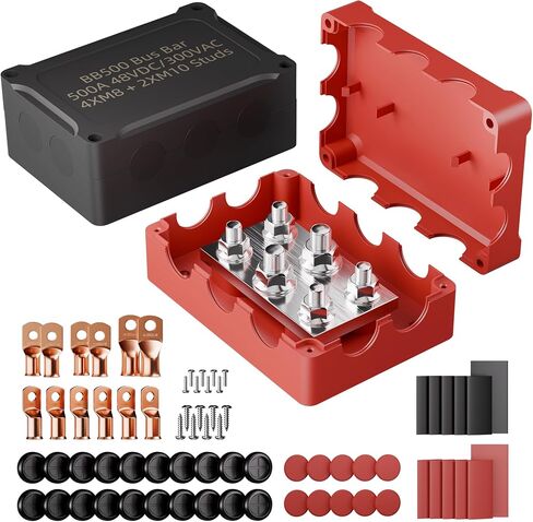 DAIERTEK Copper Bus Bar 12V 500A Heavy Duty Power Distribution Block Waterproof Battery Terminal with Cover, Ground Bus Bar Positive & Negative with M8 & M10 Studs for Automotive Marine RV Solar in Kuwait