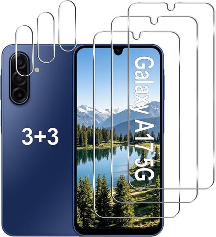[3+3 Pack] Designed for Samsung Galaxy A17 5G Tempered Glass Screen Protector + Camera Lens Protector, 9H Hardness, Anti Scratch, Easy Installation, Bubble Free, HD Clear, Case Friendly in Kuwait