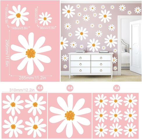 56 PCS Peel & Stick Large Aesthetic White Daisy Vinyl Wall Decals in Kuwait