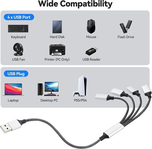 aceyoon USB Splitter 1 in 4 Out Braided Durable 1.6FT 5W USB Male to 4 USB Female OTG Hub Adapter 480Mbps Data Transfer USB2.0 Multi Port Extension Cable for Phone/Keyboard/Laptop/Printer in Kuwait