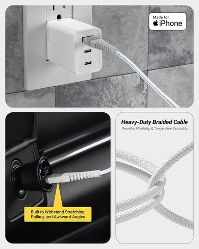 Scosche Strikeline 4ft USB A to Lightning Cable, MFi Certified Heavy Duty Braided iPhone Charger Cord with Reinforced Connector Housing, Fast Charging Compatible with iPhone, iPad & More, White in Kuwait