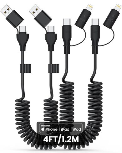 2Pack Car Carplay Cable, Coiled USB C and Lightning Cable 2-in-1, 60W 4FT USB-C to Lightning Cable Type C to USBC Fast Charging Cable for Phones/Tablets, Support iPhone CarPlay & Android Auto, Black in Kuwait