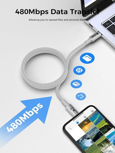 MFi Certified USB C to Lightning Cable 2m (6.6ft), 100W PD Fast Charging Magnetic Braided Cord, Suitable for iPhone 14 13 12 11 Pro Max, Plus, SE, iPad, AirPods, 480Mbps Data Sync, Silver in Kuwait