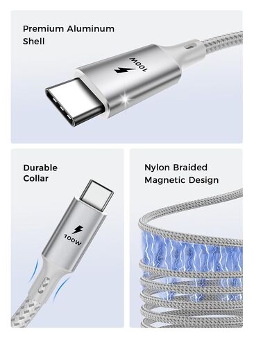 MFi Certified USB C to Lightning Cable 2m (6.6ft), 100W PD Fast Charging Magnetic Braided Cord, Suitable for iPhone 14 13 12 11 Pro Max, Plus, SE, iPad, AirPods, 480Mbps Data Sync, Silver in Kuwait