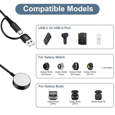 Magnetic Fast Charger Cable for Samsung Watch 8/8 Classic/7/Ultra/6/6/5 Pro/5/4/4 Classic/3/Active 2/1 Charging Pad, 3.5W Smartwatch Charger 2in1 USB A & USB C Wireless Fast Charging Cord in Kuwait