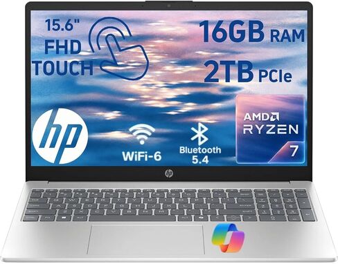 HP 15.6" FHD Touchscreen Laptop, AMD Ryzen 7 7730U(8-Core 16-Thread), 16GB RAM, 512GB PCIe SSD, AMD Radeon Graphics, Win 11 with Copilot AI, for Smooth Multitasking in Kuwait