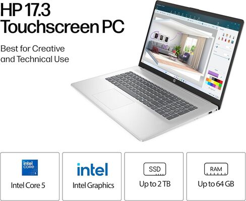 HP 17 Inch Laptop Touchscreen Computer, 17.3 HD+ Business Laptop AI PC, Intel Core 5(10-Core, Beat i7-1355U), Customized RAM(16GB/32GB/64GB)+SSD(1TB /2TB), Windows 11 Pro,10-Key Backlit Keyboard in Kuwait
