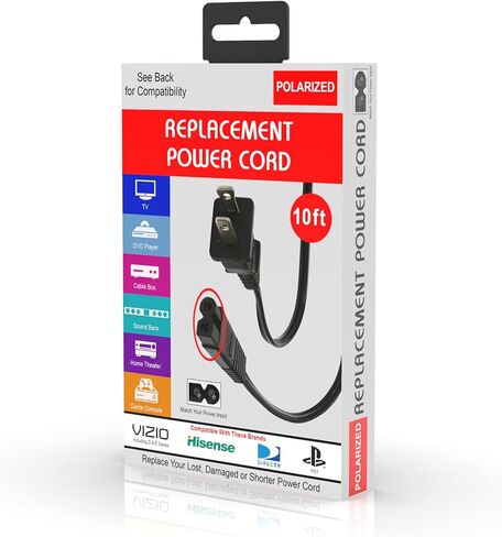 10-ft Replacement Polarized Power Cord, Works with VIZIO and Hisense TVs, DirecTV, Verizon, and Comcast Cable Boxes, VIZIO and Sanyo Soundbars, Blu-Ray and DVD Players, in Kuwait