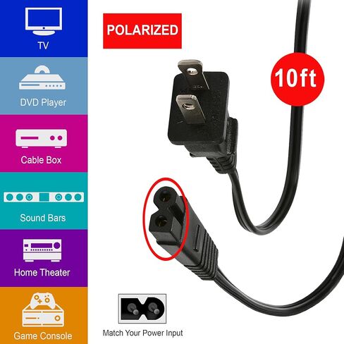 10-ft Replacement Polarized Power Cord, Works with VIZIO and Hisense TVs, DirecTV, Verizon, and Comcast Cable Boxes, VIZIO and Sanyo Soundbars, Blu-Ray and DVD Players, in Kuwait