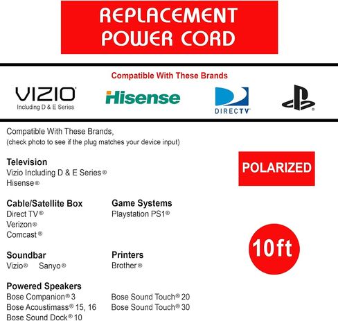 10-ft Replacement Polarized Power Cord, Works with VIZIO and Hisense TVs, DirecTV, Verizon, and Comcast Cable Boxes, VIZIO and Sanyo Soundbars, Blu-Ray and DVD Players, in Kuwait