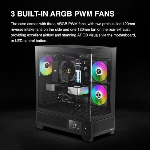 GAMDIAS Mid Tower Gaming Computer Case w/Display& App, ATX Tempered Glass PC Case, Built-in 3X 120mm ARGB PWM Fans, Up to RTX 4000 GPU/VGA 410mm& 360mm AIO/Radiator& 6x120mm Fans& 160mm CPU Cooler in Kuwait