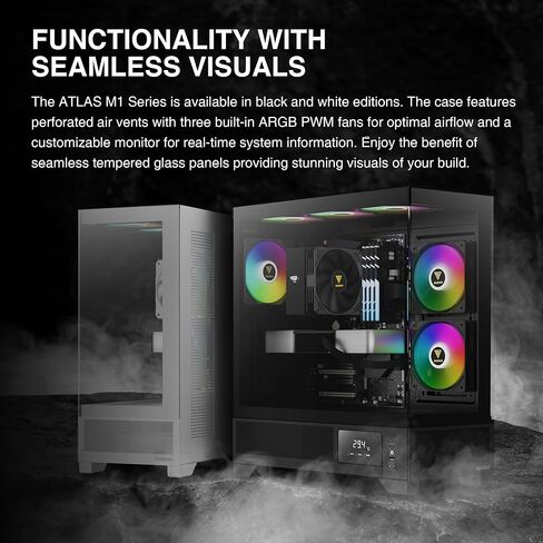 GAMDIAS Mid Tower Gaming Computer Case w/Display& App, ATX Tempered Glass PC Case, Built-in 3X 120mm ARGB PWM Fans, Up to RTX 4000 GPU/VGA 410mm& 360mm AIO/Radiator& 6x120mm Fans& 160mm CPU Cooler in Kuwait