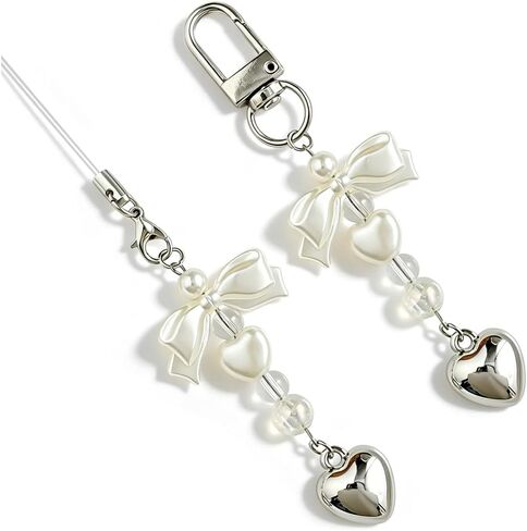 2Pcs Cute Phone Charms Aesthetic Keychain Y2K Bow Pearl Heart Cell Phone Charms Strap Camera Charm Strap Handbag Purse Bag Charm Cellphone Keychains For Women Hanging Pendant Decorations Accessories in Kuwait