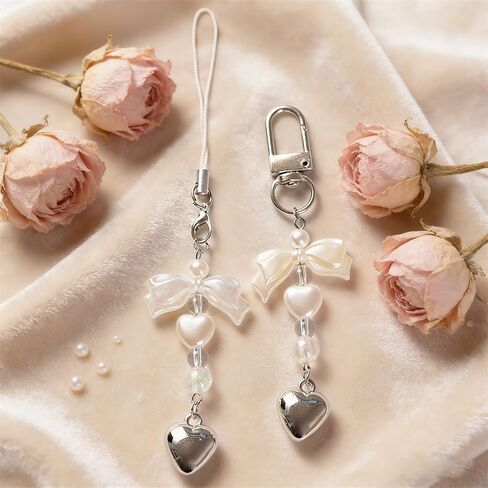 2Pcs Cute Phone Charms Aesthetic Keychain Y2K Bow Pearl Heart Cell Phone Charms Strap Camera Charm Strap Handbag Purse Bag Charm Cellphone Keychains For Women Hanging Pendant Decorations Accessories in Kuwait