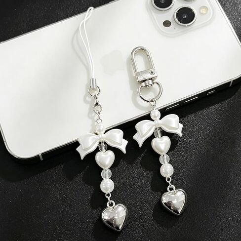 2Pcs Cute Phone Charms Aesthetic Keychain Y2K Bow Pearl Heart Cell Phone Charms Strap Camera Charm Strap Handbag Purse Bag Charm Cellphone Keychains For Women Hanging Pendant Decorations Accessories in Kuwait