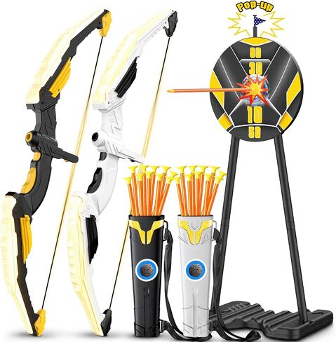 TIGTECGAME 2 Pack Bow and Arrow for Kids with Standing Pop-Up Target,LED Light Up Archery Set, 20 Suction Cup Arrows & 2 Quivers, Indoor Outdoor Toys & Birthday Gifts for Boys Girls Ages 4-12 in Saudi Arabia