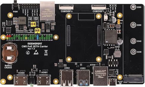 CM5 PoE 2ETH Carrier Board, Dual Gigabit Ethernet PoE Expansion with M.2 NVMe, Dual HDMI, USB3.0/2.0, MIPI Camera/Display, 40-pin GPIO, Embedded Platform for Raspberry Pi CM5 in Kuwait