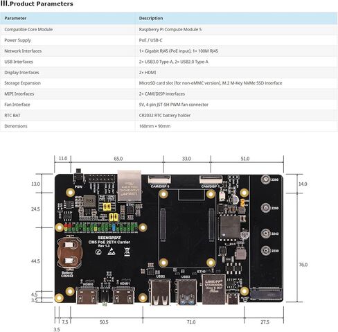 CM5 PoE 2ETH Carrier Board, Dual Gigabit Ethernet PoE Expansion with M.2 NVMe, Dual HDMI, USB3.0/2.0, MIPI Camera/Display, 40-pin GPIO, Embedded Platform for Raspberry Pi CM5 in Kuwait