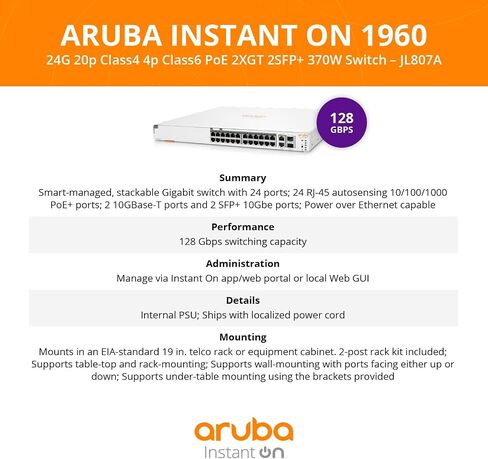 Aruba Instant On 1960 24-Port Gb 20-Port Class 4 PoE | 4-Port Class 6 PoE Smart Switch (370W) - 24x 1G | 2X SFP+ | 2X 10GBase-T (JL807A#ABA) (Renewed) in Kuwait