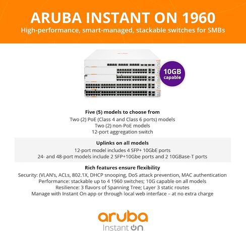 Aruba Instant On 1960 24-Port Gb 20-Port Class 4 PoE | 4-Port Class 6 PoE Smart Switch (370W) - 24x 1G | 2X SFP+ | 2X 10GBase-T (JL807A#ABA) (Renewed) in Kuwait