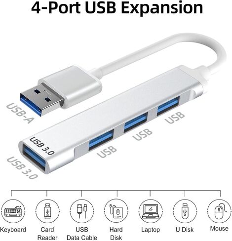Aluminum 4-Port USB 3.0 Hub, USB Splitter USB Expander (5Gbps Data Transfer), Ultra Slim Multi USB A Adapter Dongle for Laptop, Desktop PC, Flash Drive, Keyboard in Kuwait