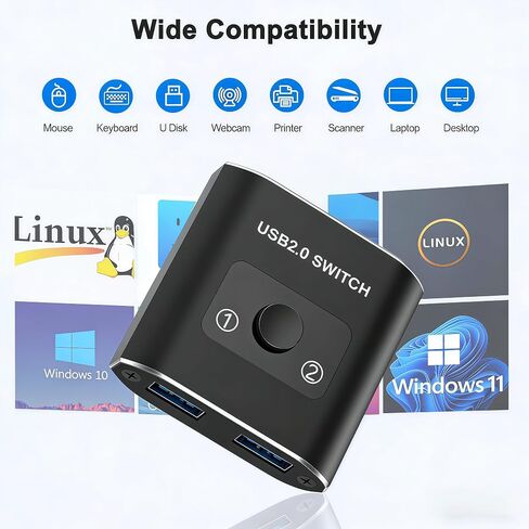 USB2.0 Switch with 2Pack Usb2.0 Cable(1M), Bi-Directional 1 in 2 Out/2 in 1 Out,Aluminum USB Switcher kit for 2Computers Share Devices(Printer, Keyboard, Scanner, Mouse),Compatible with Mac/Win/Linux in Saudi Arabia