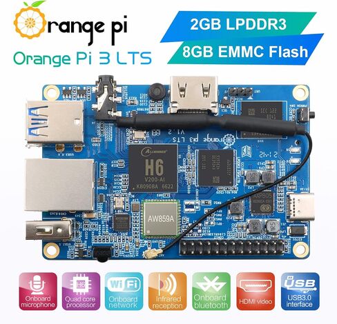 Orange Pi 3 LTS 2GB LPDDR3 Allwinner H6 4-Core 64 Bit with 8GB eMMC Flash Single Board Computer, WiFi/Bluetooth 5.0, Development Board Run Linux/Android/Ubuntu/Debian in Kuwait