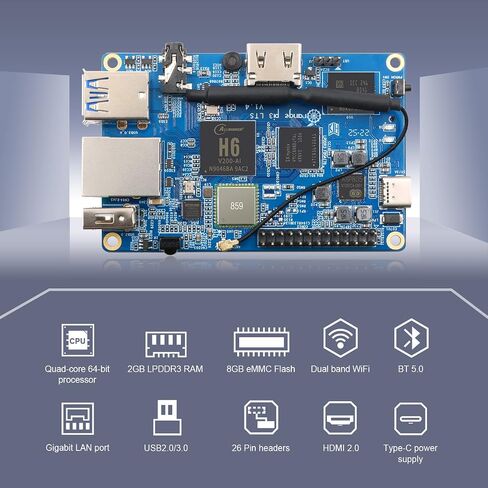 Orange Pi 3 LTS 2GB LPDDR3 Allwinner H6 4-Core 64 Bit with 8GB eMMC Flash Single Board Computer, WiFi/Bluetooth 5.0, Development Board Run Linux/Android/Ubuntu/Debian in Kuwait