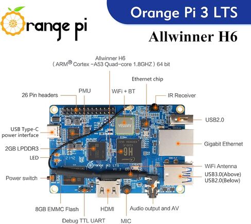 Orange Pi 3 LTS 2GB LPDDR3 Allwinner H6 4-Core 64 Bit with 8GB eMMC Flash Single Board Computer, WiFi/Bluetooth 5.0, Development Board Run Linux/Android/Ubuntu/Debian in Kuwait