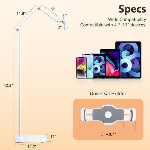 Tablet Floor Stand,Adjustable Height iPad Stand with Flexible Arm,360°Rotation Tablet Holder for Bed Couch,Universal Floor Phone Stand for 4.7"-13" iPhone iPad Pro Air Mini,Samsung Tab,Kindle in Kuwait