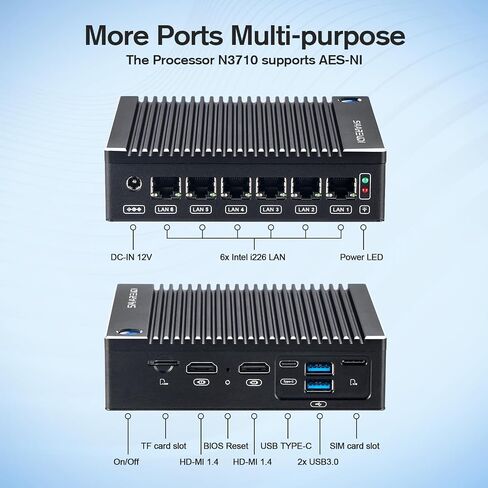 Fanless Firewall Appliance 6X Intel i226 LAN Mini PC Intel N3710 4C/4T, Network Gateway Soft Router AES NI HD/Type-C/SIM Card/TF, Test with P-F-Sense/OPN-Sense（8G DDR3 RAM 240G mSATA SSD） in Kuwait