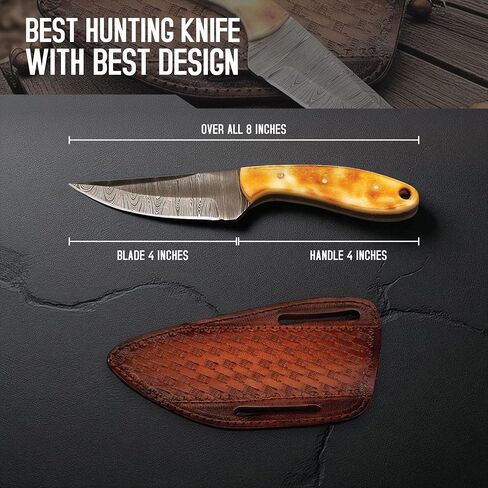 Handmade Cowboy Skinner Knife 4" Damascus Steel Blade, Bone Handle – Skinning & Hunting Knife in Kuwait