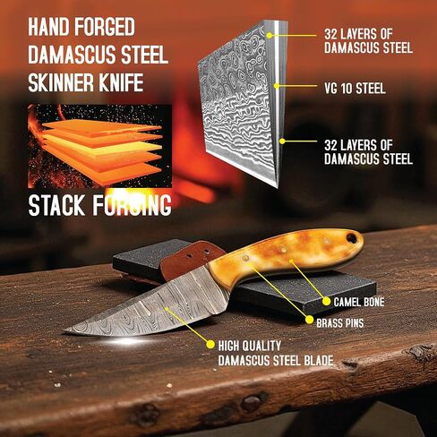 Handmade Cowboy Skinner Knife 4" Damascus Steel Blade, Bone Handle – Skinning & Hunting Knife in Kuwait
