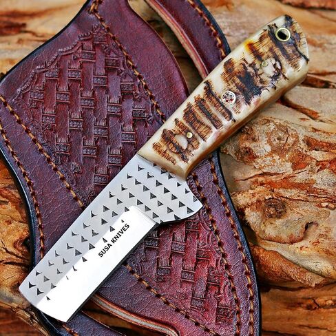 Handmade Farrier Rasp Steel Bull Cutter Knife, Cowboy Knife Ram Horn Handle, Utility, EDC Fixed Blade Classic Pancake leather sheath (RAM HORN) in Kuwait