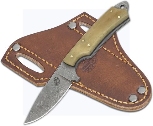 Knives Ranch Edc Hunting Knife with Pancake Pouch - Carbon Steel Damascus - Bone Handle - Skinning-Bushcrafting -Gift for Men(2001-B) in Kuwait