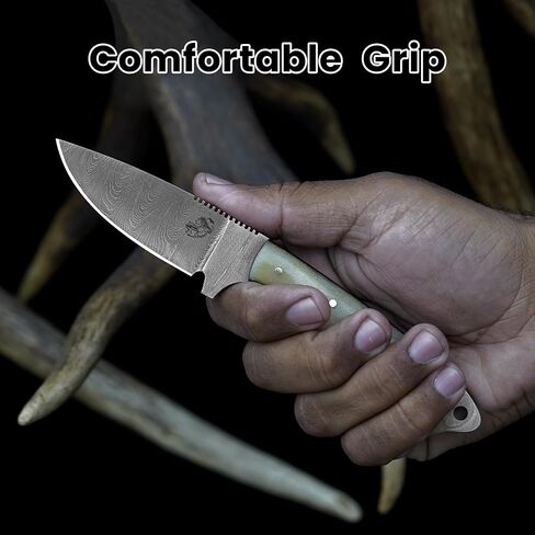 Knives Ranch Edc Hunting Knife with Pancake Pouch - Carbon Steel Damascus - Bone Handle - Skinning-Bushcrafting -Gift for Men(2001-B) in Kuwait