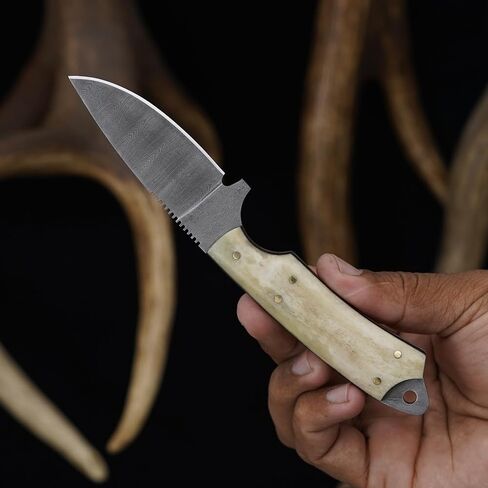 Knives Ranch Edc Hunting Knife with Pancake Pouch - Carbon Steel Damascus - Bone Handle - Skinning-Bushcrafting -Gift for Men(2001-B) in Kuwait